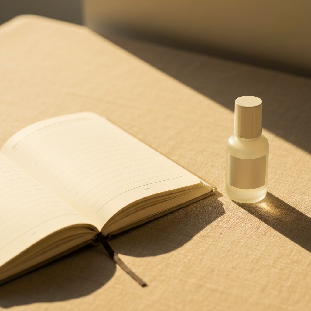 A journal notebook and skincare bottle in soft morning light